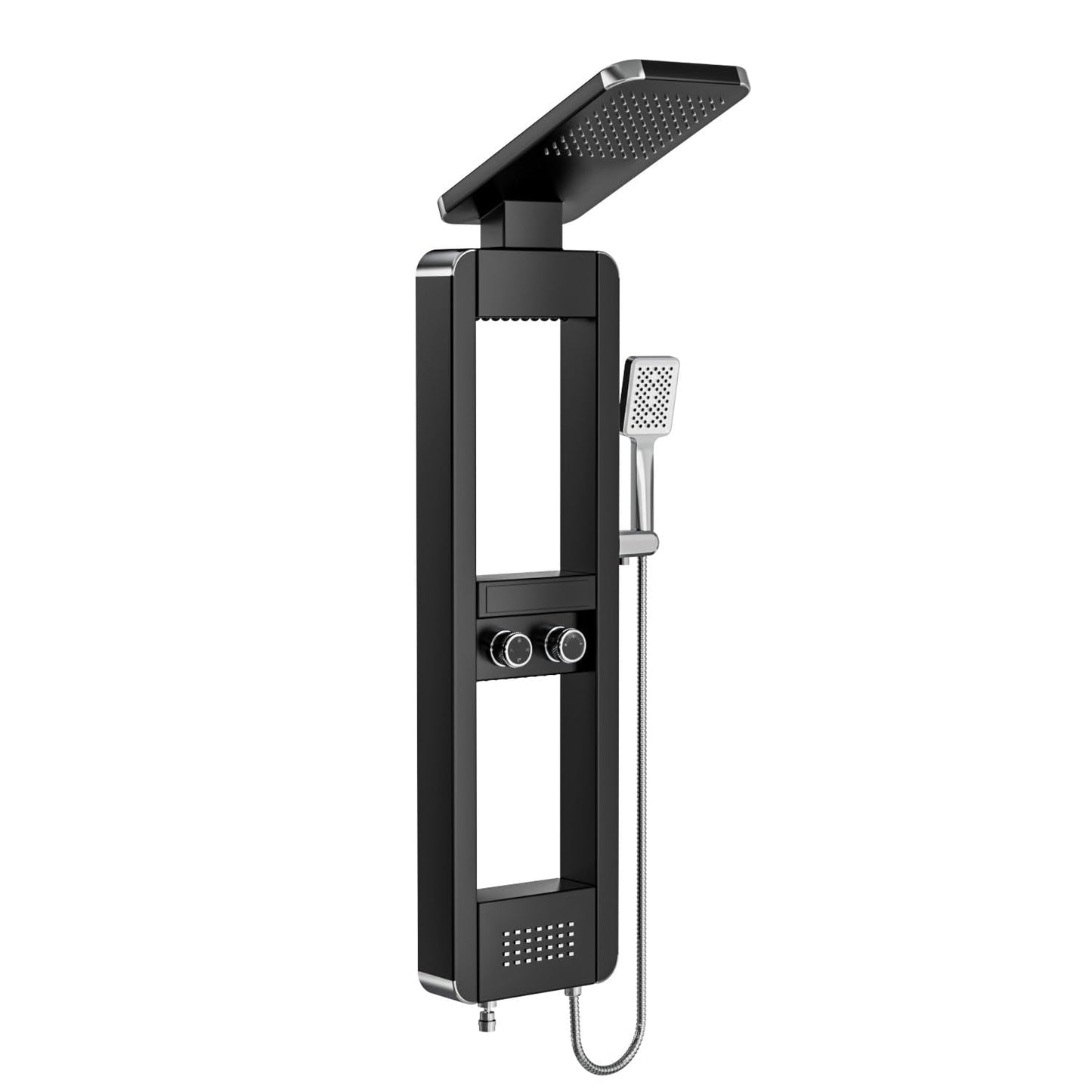 ELLO&ALLO Shower Panel Tower System with Shelf, Rainfall Shower Head and Rain Massage System with Body Jets, Stainless Steel Bathroom Fixtures, Black&Chrome