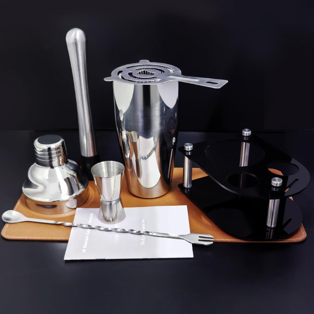 Cocktail Shaker Bartender Kit: 5 Piece Stainless Steel Bar Set, Cocktail Shaker Set with Stand, Drink Mixing Kit Includes Shaker,Strainer,Jigger, Bar Mixer Spoon, Muddler ﻿(750ml(25oz))