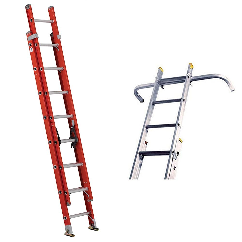 Louisville Ladder FE3216 Fiberglass Extension Ladder 300-Pound Capacity, 16-Foot, Type IA, Orange & LP-2200-00 Stabilizer, Silver