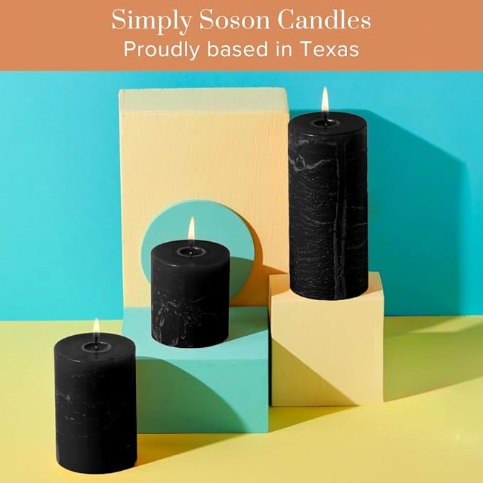 Simply Soson 3x4 inch Black Pillar Candles Set of 3, Rustic Texture, Unscented Black Candles, Dripless Candles, 3 inch Pillar Candles Ideal as Wedding, Parties, Spas, Dinner, Home Decoration, Church