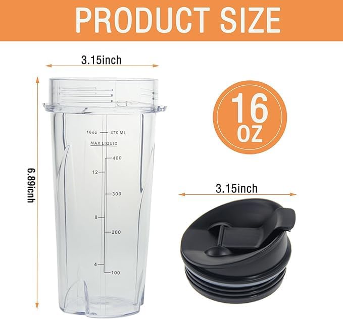 Ninja 16oz Replacement Cups - Compact Personal Blender Cup Set with Seal Lids | 2 Pack for BL770, BL780, BL660