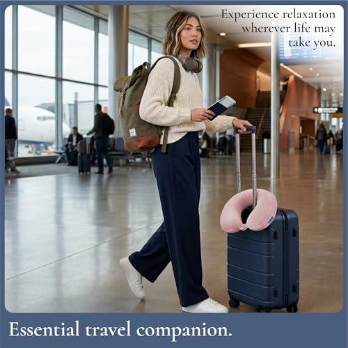 Brookstone Travel Neck Pillow - Lightweight Fleece Casing U-Shaped Stuffable Memory Foam Travel Pillow for Sleeping and Neck Support, Soft Pink