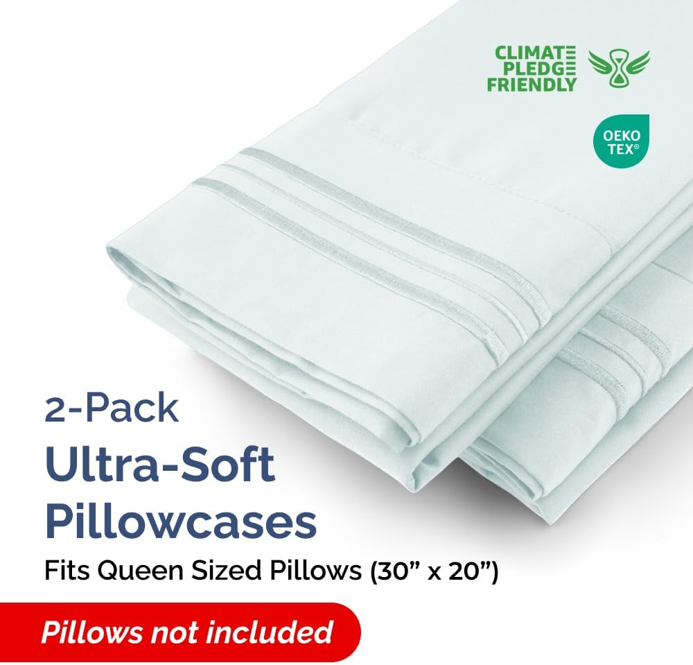 Queen Pillow Cases Set of 2 | Ultra Soft Hotel Quality Pillowcase Covers - Wrinkle-Free, Stain-Resistant - Ice Blue