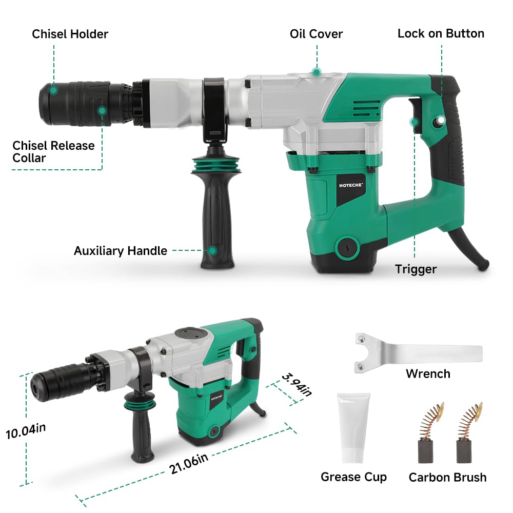 Hoteche Electric Demolition Jack Hammer 1500W Heavy-Duty SDS-MAX Concrete Breaker with Flat & Point Chisel