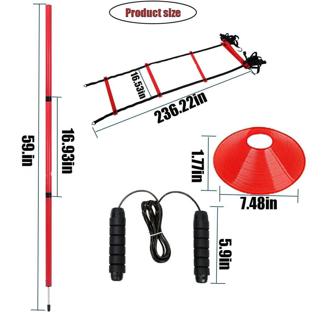 MQMCPDS Adjustable Soccer Training Agility Poles 6,1speed Ladder Agility Ladder,10soccer Cones for Training,1Jump Rope+Storage Bag,Auxiliary Equipment for Football Speed and Agility Training (red)