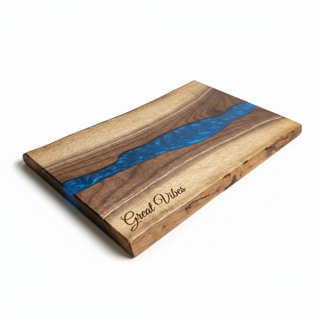 DYARI Black Walnut & Resin River Charcuterie Board 17.5" - Live Edge Wood Serving Platter - Personalized Epoxy Cheese Board with Optional Handles & Engraving - Custom Wedding & Housewarming Gift