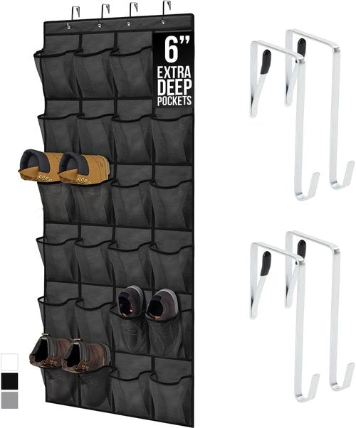 GORILLA GRIP Over The Door Shoe Organizer - 24 Extra Large Breathable Mesh Pockets | Space-Saving Black Storage Solution