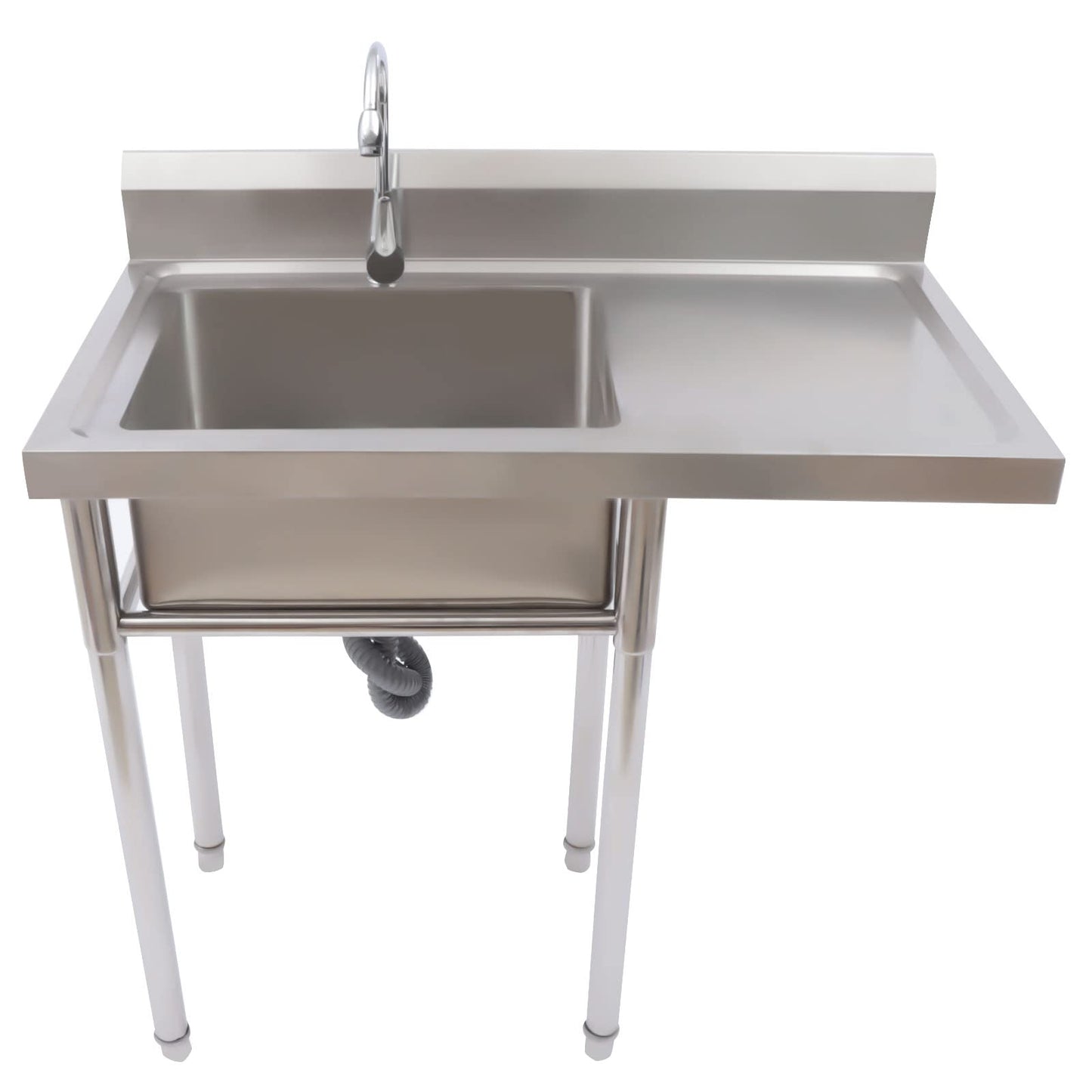 Free Standing Single Bowl Sink,Commercial Restaurant Kitchen Sink Set w/Faucet&Drainboard,1 Compartment Utility Washing Hand Basin w/Workbench&Storage Shelves for Indoor Outdoor (One Bowl)