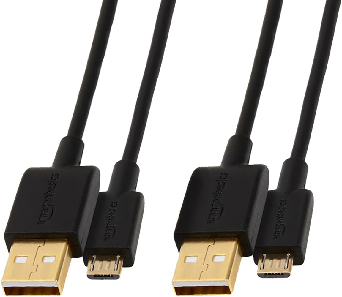 2-Pack 480Mbps 2.0, 6 Amazon Basics USB-A to Micro USB Cable, Android Charger, Transfer Speed, Gold-Plated Connectors