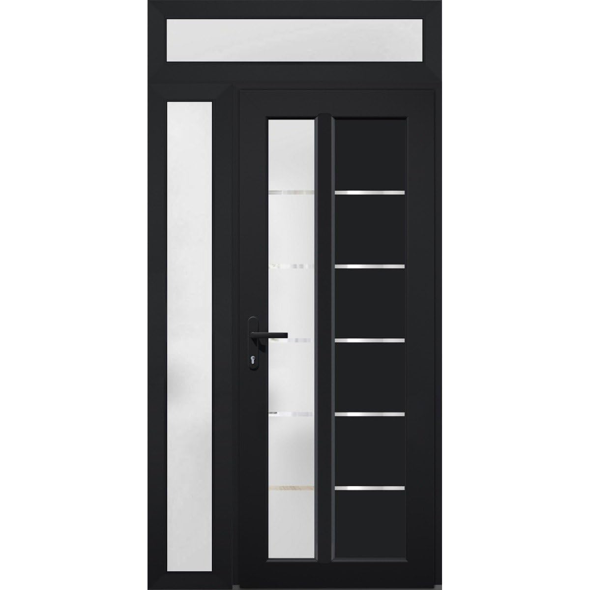VDOMDOORS Front Exterior Prehung Fiberglass Door Frosted Glass/Manux 8088 Matte Black/Side and Top Exterior Window/Entrance Patio Garage-W30+16" x H80+14"-Right-Hand Inswing