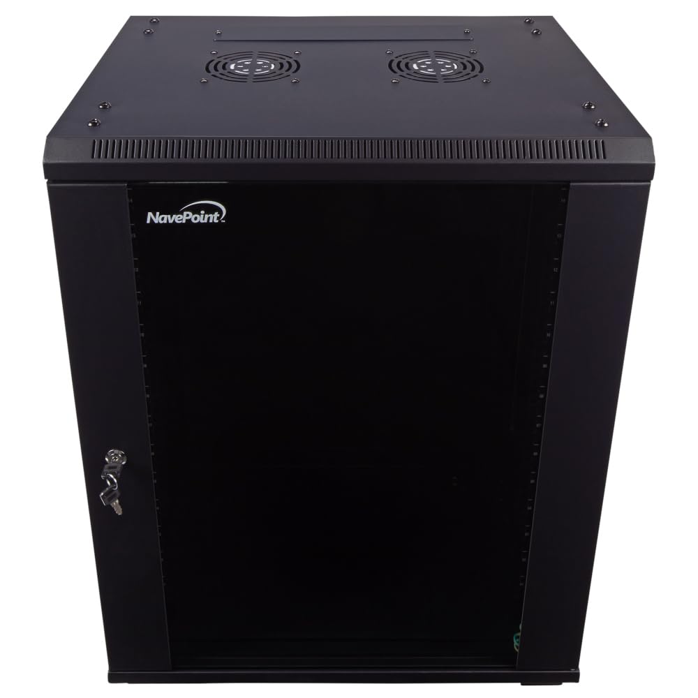 NavePoint 15U Server Cabinet Wall Mount Rack Enclosure with Caster Wheels, Includes 2 Fans, Locking Glass Door, Removable Side Panels – 15U Network Cabinet 17.7” Deep, 19”Server Rack for IT Equipment