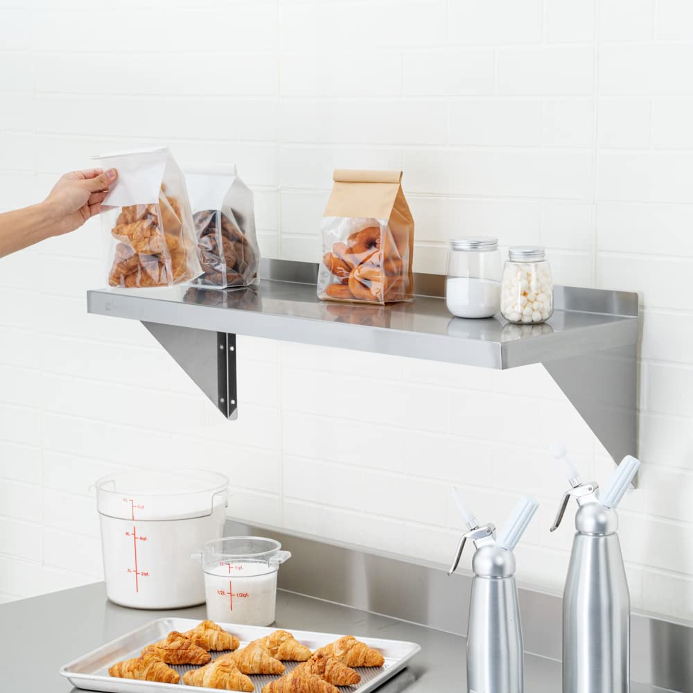 Restaurantware 12 x 36 Inch Heavy-Duty Stainless Steel Wall Shelf - 1 Shelf, Silver, Modern, Industrial, Floating Shelves