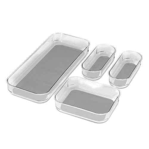 madesmart Premium 4 Piece Clear Bin Pack, Modular Storage Set for Office, Kitchen & Home, Soft Grip Lining & Non Slip Base, Grey