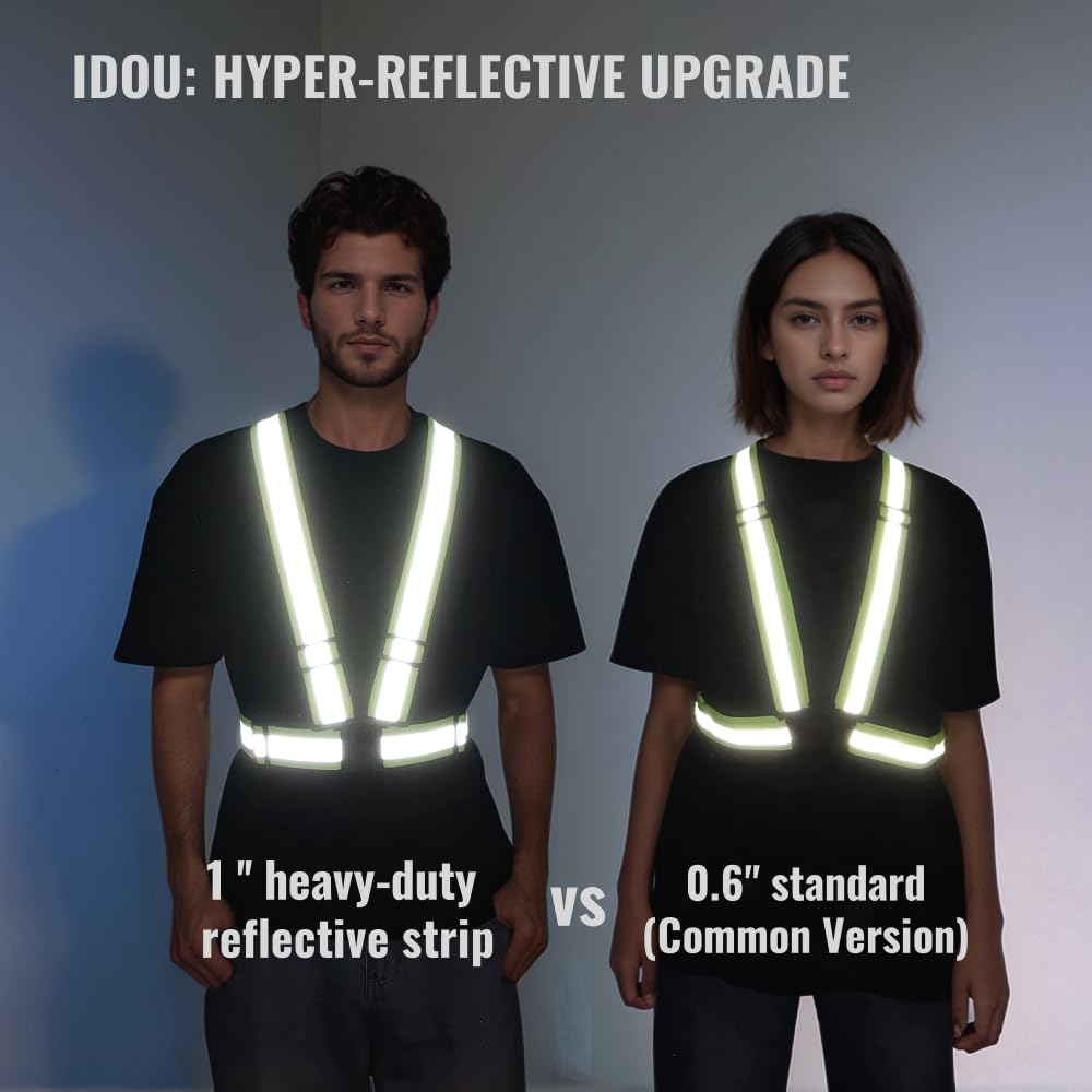 IDOU Pro Version 2.0 IN High Visibility Reflective Safety Strap | Adjustable Elastic Hi Vis Reflective Vest for Construction, Running, Cycling | Men & Women's Yellow Work Vest Plus/M
