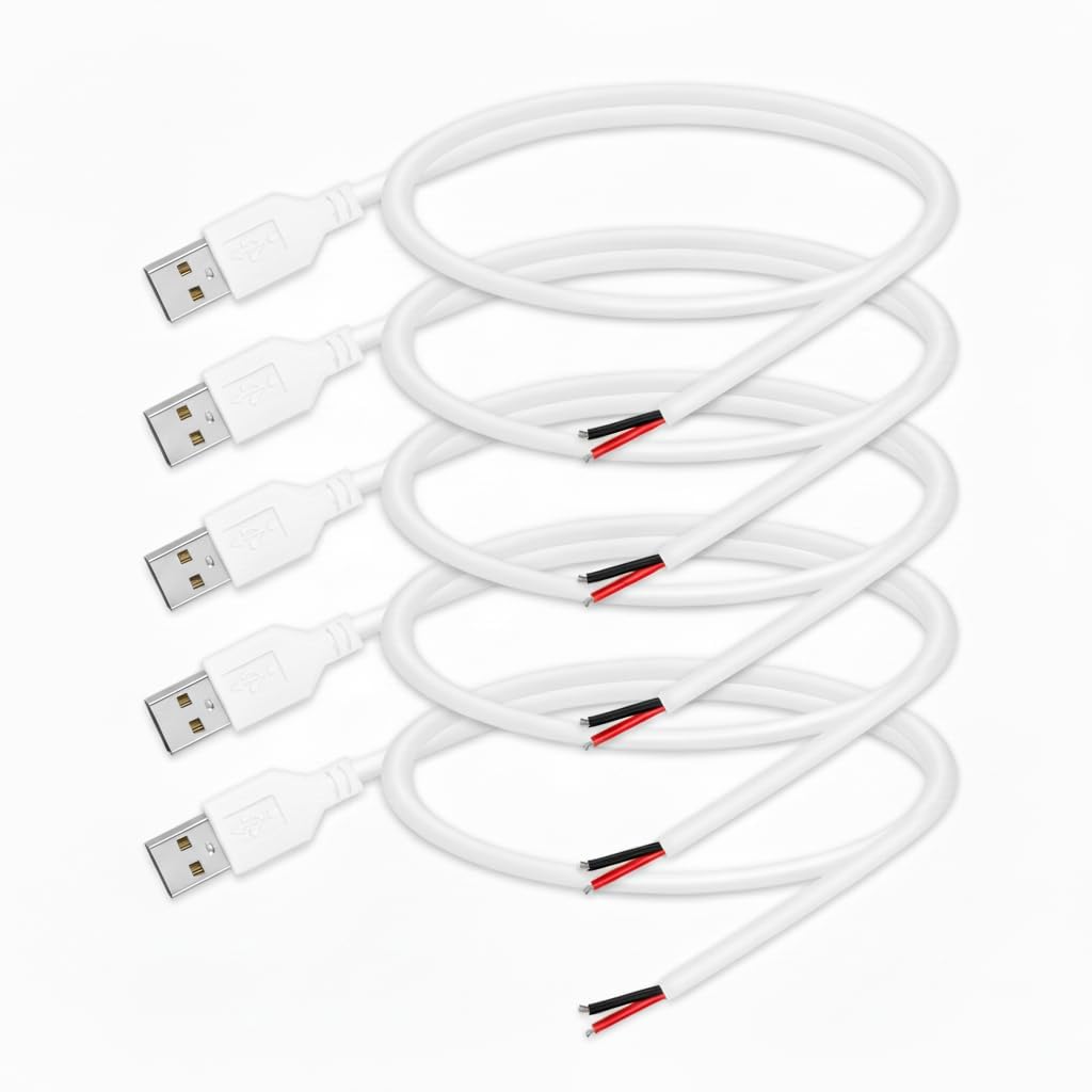 WMSDGZAI 24AWG 2.0 2 5V 2A 1.64FT 5PACK) USB Male Pin Bare Wire Pigtail Cable, USB Extension Cable Open End for DIY