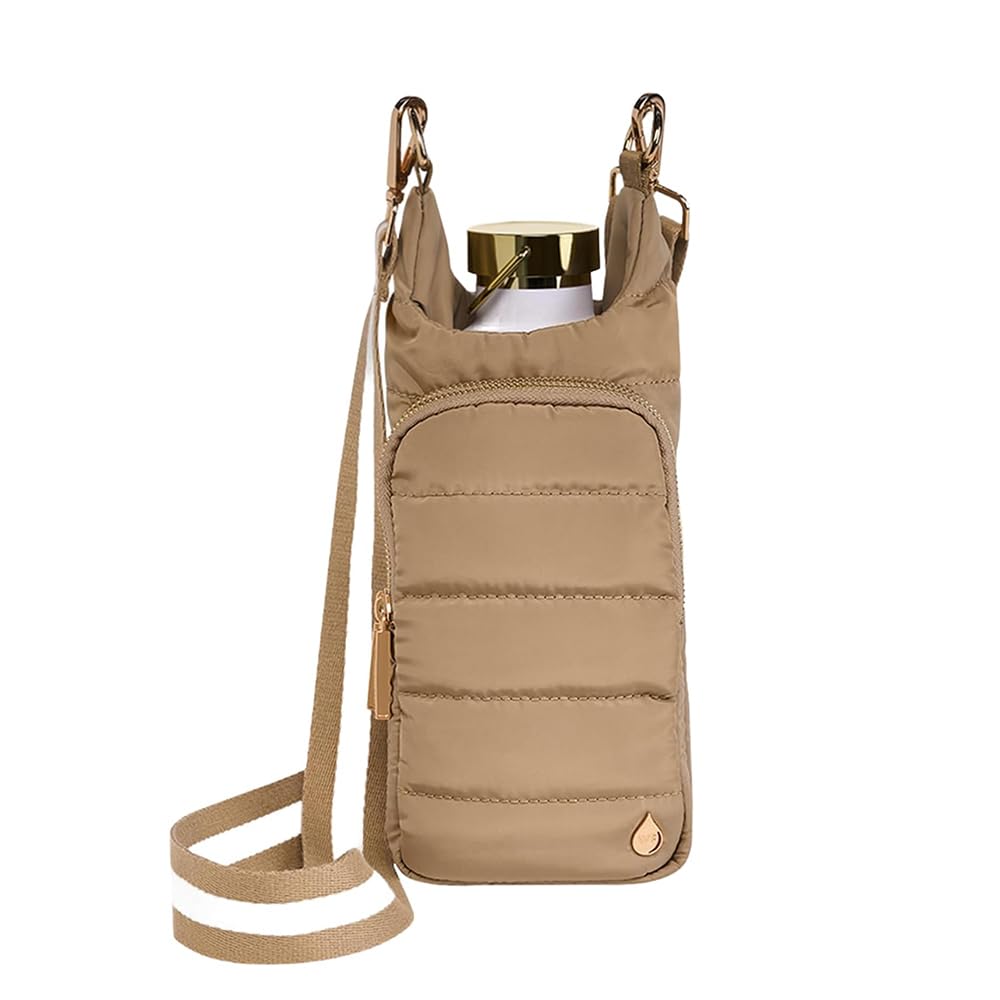 WanderFull® Original HydroBag® Fits Up to 32 oz Water Bottle Holder with Strap - Hands-Free Crossbody Water Bottle Carrier Bag with Phone Pocket - Khaki HydroBag with Striped Strap, Mother’s Day Gift