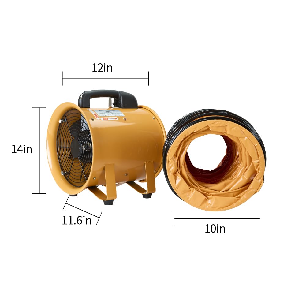 ONNAO 10 Inch Utility Blower Fan 3300RPM Ventilator 2580m3/h High Velocity Portable Industrial Extractor With 25 ft Flexible Duct Hose