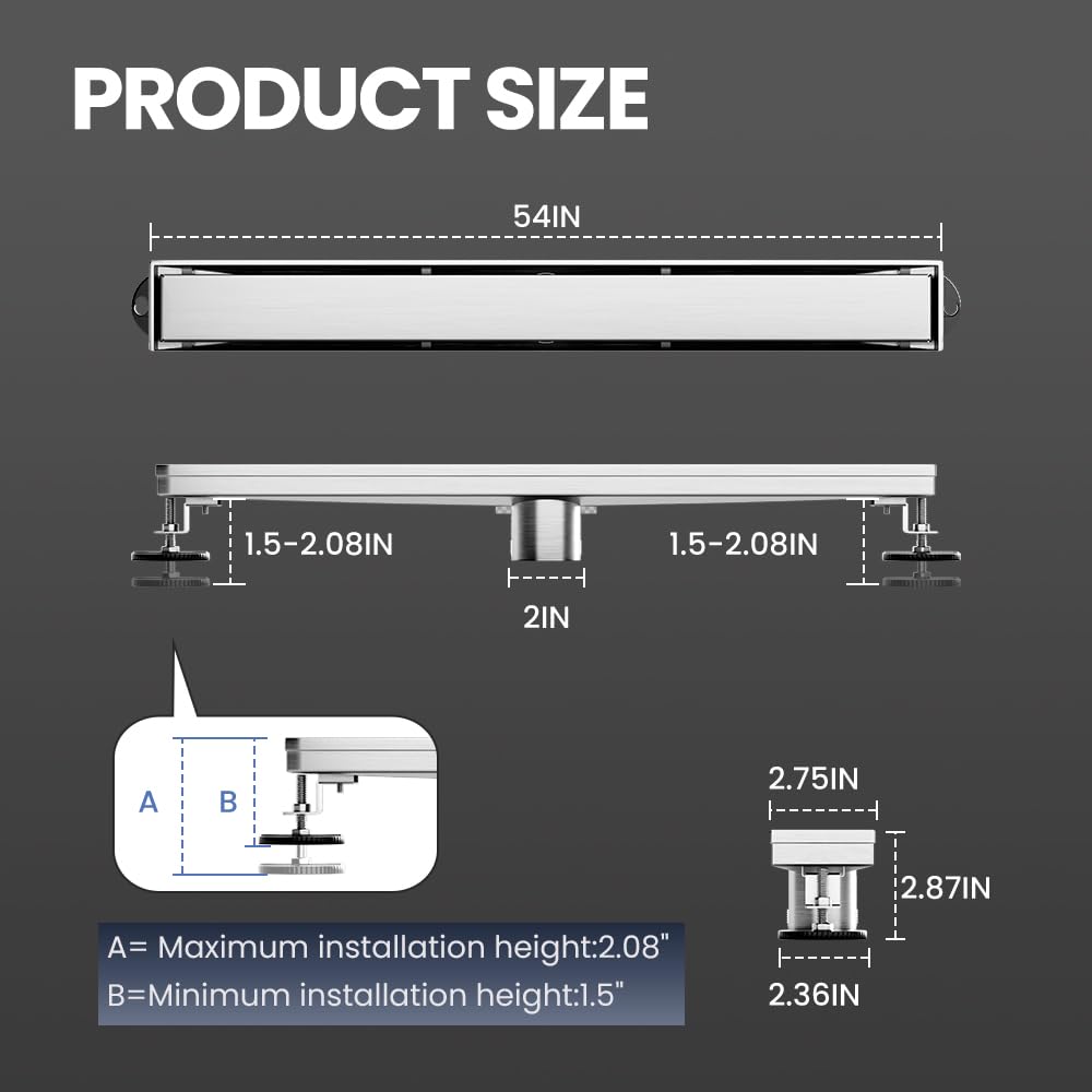 LISEEGO Linear Shower Drain 54 Inch, Brushed AISI 304 Stainless Steel Shower Drain with 2-in-1 Tile Insert Panel, for Bathroom, Kitchen, Garage & More