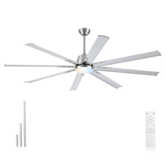 72 lnch lndustrial Celing Fan with Light and Remote Control,Large Celing Fan with 8 Brushed Nickel Aluminum Blades,6 Speed Noiseless DC Motor,Wet Rated Indoor Outdoor Ceiling Fans for Patio,Garage