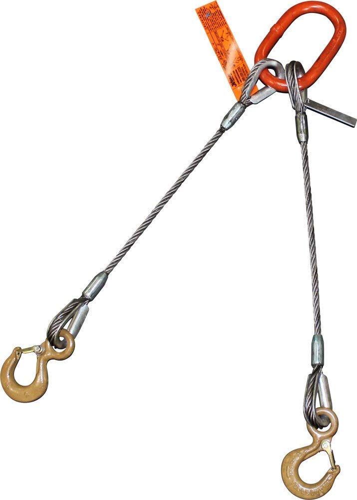 Two Leg Wire Rope Sling | 1.7 Ton Vertical Rated Capacity | Eye Hooks with Safety Latches | 5/16" Dia. | 4' Length | EIPS 6x25 IWRC | Hanes Supply (HSI) Heavy Duty Rigging Cable