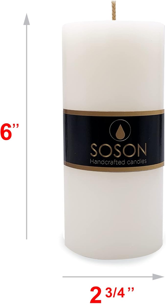 Simply Soson 3x6 inch Ivory Pillar Candles Set of 6, Smooth Texture, Unscented Ivory Candles, Dripless Candles, 3 inch Pillar Candles Ideal as Wedding, Parties, Spas, Dinner, Home Decoration, Church