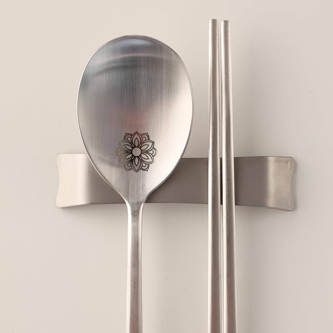 BAPMOO Korean Spoon and Chopsticks Set, 18/10 Stainless Steel Sujeo Gift Set for One, Laser Engraved Floral Spoon, Gift-Ready Korean Tableware