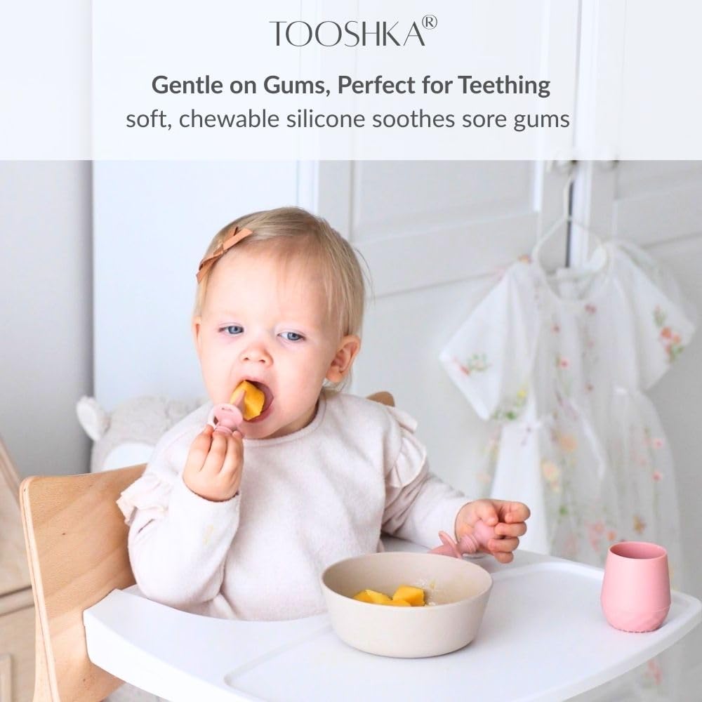 Tooshka® Baby Utensil Set (6 pcs) - Self Feeding Spoons - Silicone & BPA Free - Baby-Led Weaning (BLW) Supplies - Ages 6+ Months - Set of 6 - Brown, Green, & Blue