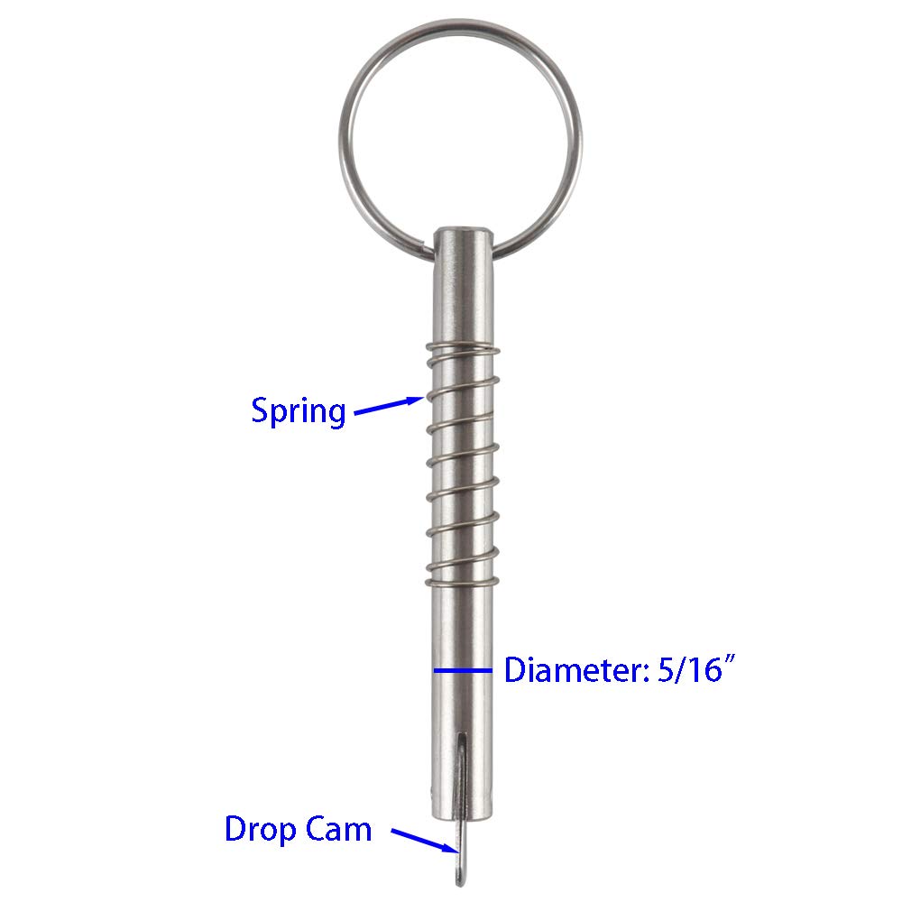 4 Pcs Quick Release Pin w/Drop Cam & Spring, Diameter 5/16"(8mm), Usable Length 2"(53mm), Overall Length 3"(76mm), Full 316 Stainless Steel, Bimini Top Pin, Marine Hardware