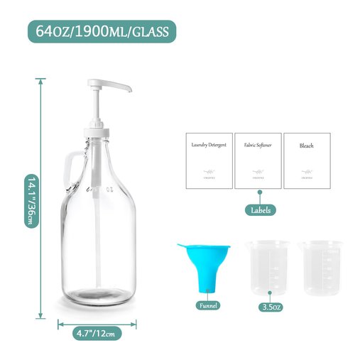 64 OZ Laundry Detergent Dispenser BY VEGEVIGI, Glass Liquid Laundry Soap Dispenser with Pump, Bleach and Fabric Softener Dispenser for Laundry Room, 2P