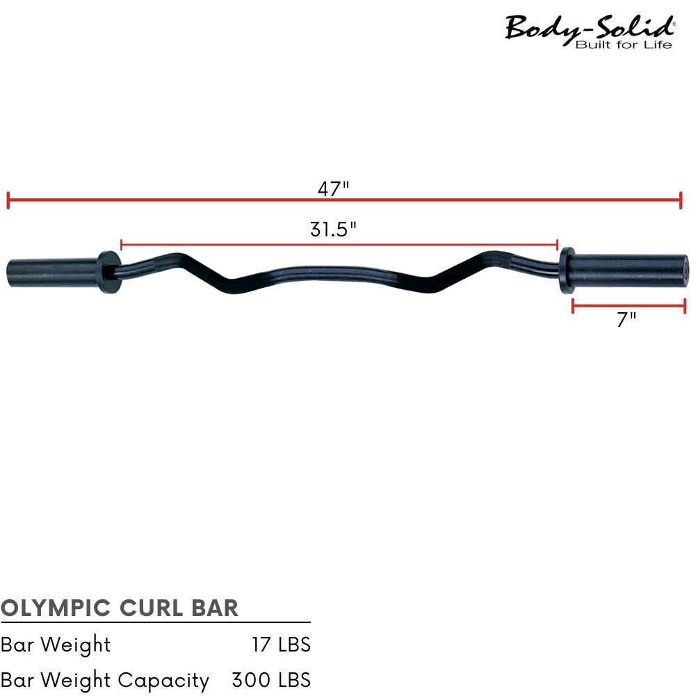 Body-Solid (OB47) Olympic EZ Barbell Curl Bar with Knurled Grip, 47" Chrome Finish for Upper Arm Mass, Strength and Definition, Compatible with 2" Dia. Hole Plates and Barbell Collars (Silver)