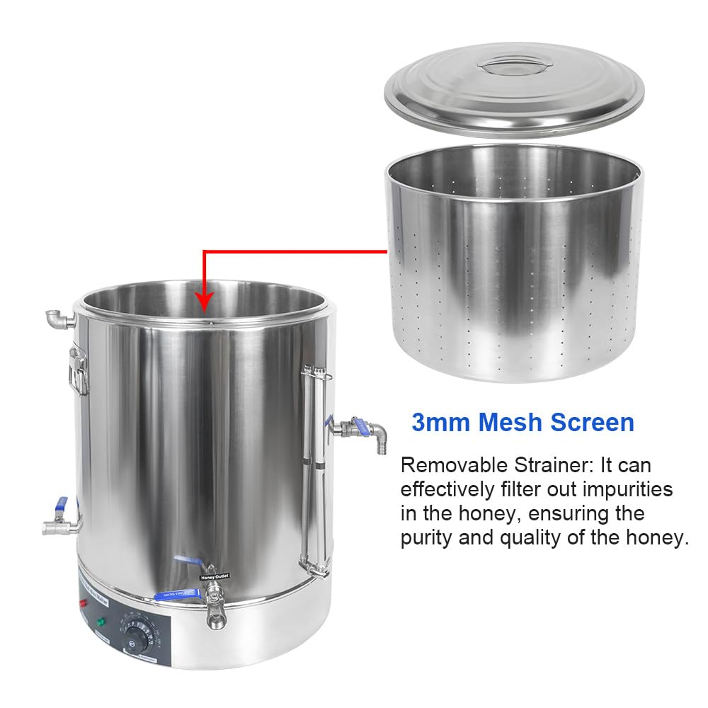 witbee Heated Honey Bottling Tank, 19 Gallon Stainless Steel Double Wall Wax Melter with No Drip Honey Gate Valve and Strainer, Adjustable Temperature, for Storage and Bottling Honey