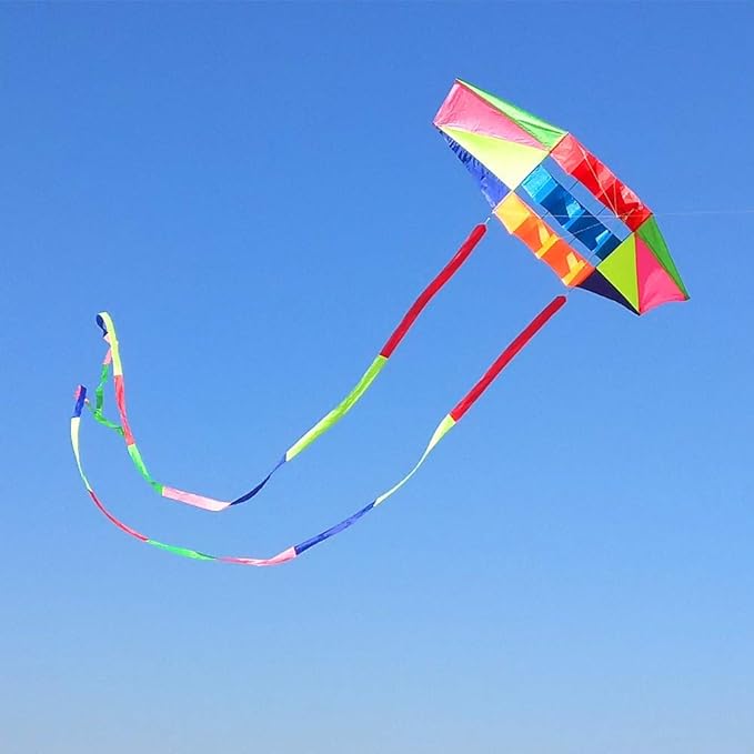 Beach Kites for Adults Large with Long Tail, 98 inches Super Easy Flyer 3D Rainbow Box Kites, Comes with Two 49 Feet Multi Colors Tails, 300 ft Kite String & Handle