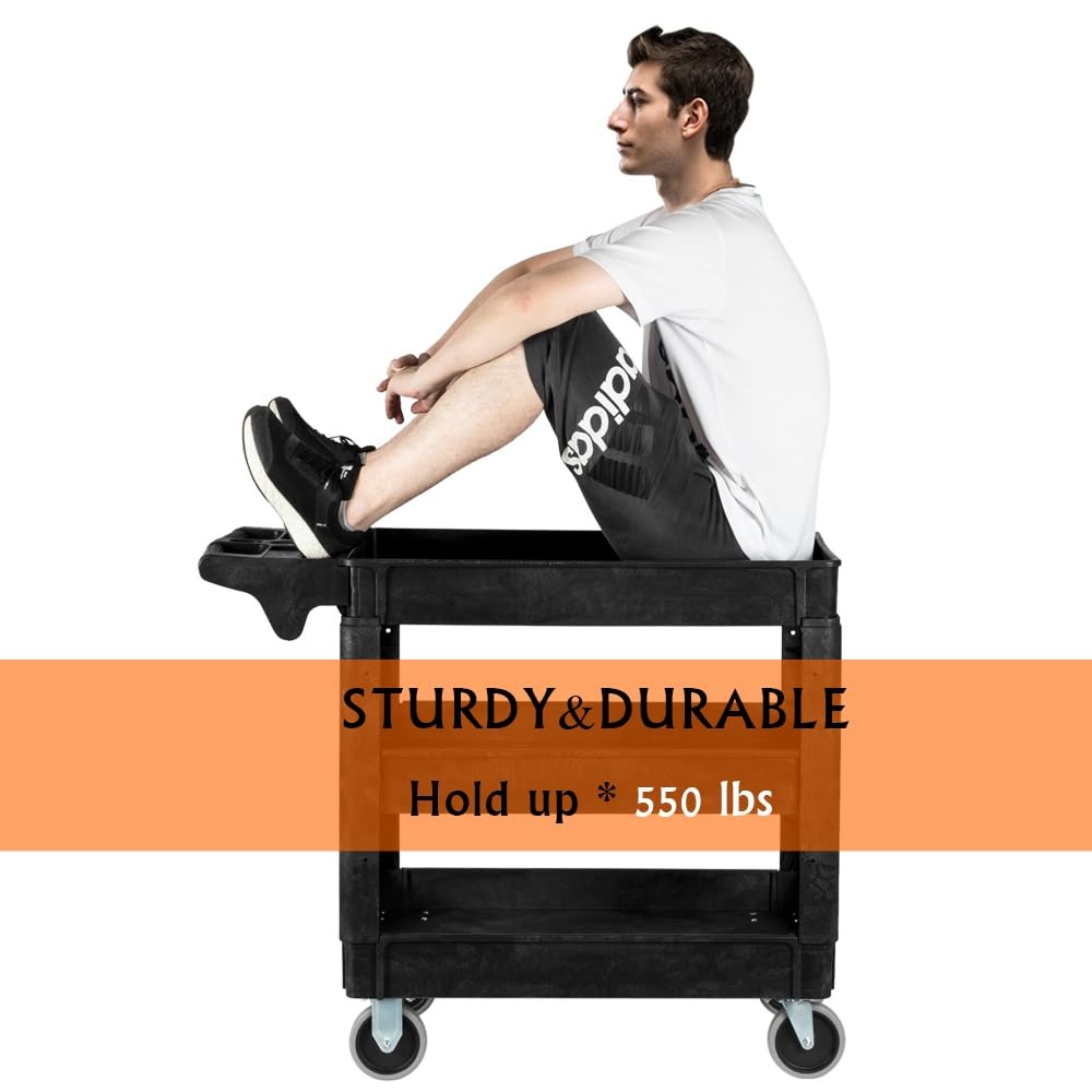 LEADZM 3-Shelf Plastic Service Utility Cart, Steady & Durable Tub Cart with Deep Shelves, Large Capacity, Multi-Function Handle Storage and 360°Flexible Wheels with Braker, Great for Warehouse/Garage