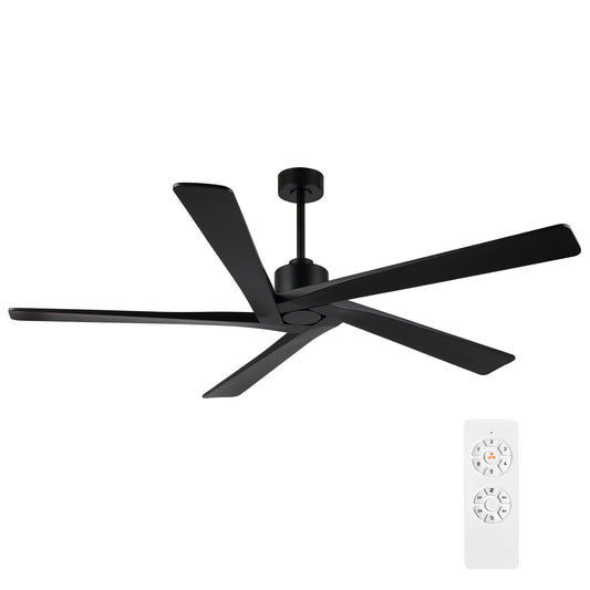 WINGBO 64 Inch DC Ceiling Fan without Lights, 5 Reversible Carved Solid Wood Blades, 6-Speed Noiseless DC Motor, Ceiling Fan No Light with Remote, Indoor Ceiling Fans in Matte Black Finish, ETL Listed