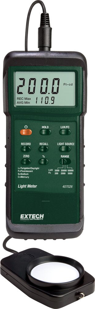 Extech 407026 Heavy Duty Light Meter with PC Interface - Digital Lux and Foot-Candle Meter for Industrial Lighting Audits, OSHA Compliance & Greenhouses - 4 Light Settings & RS-232 Data Port