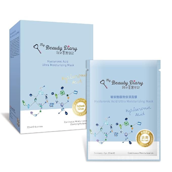 My Beauty Diary-Hyaluronic Acid Ultra Moisturizing Facial Mask, Instant Hydrating Water Type Refreshing Face Sheet Mask with Collagen for All Skin Concerns (8 Combo Pack)