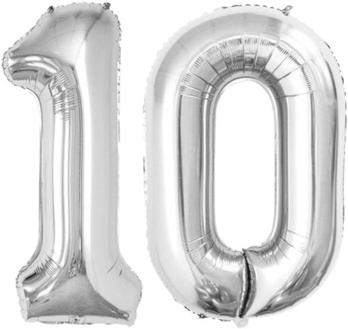 GOER Jumbo Number 10 Balloons - 42 Inch Silver Foil Helium Balloons for 10th Birthday & Anniversary