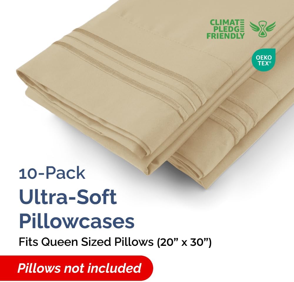 Queen Pillow Cases by LuxeDream | Ultra Soft Hotel Quality | Wrinkle-Free, Stain & Fade Resistant | 10-Piece Set in Beige