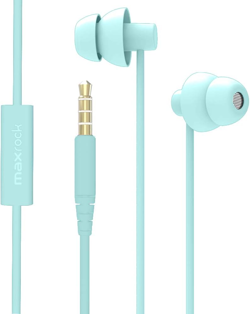 MAXROCK 3.5mm (TM Total Soft Silicon Headphones with Mic Sleep Travel Choice for Cellphones Tablets and Jack (Light
