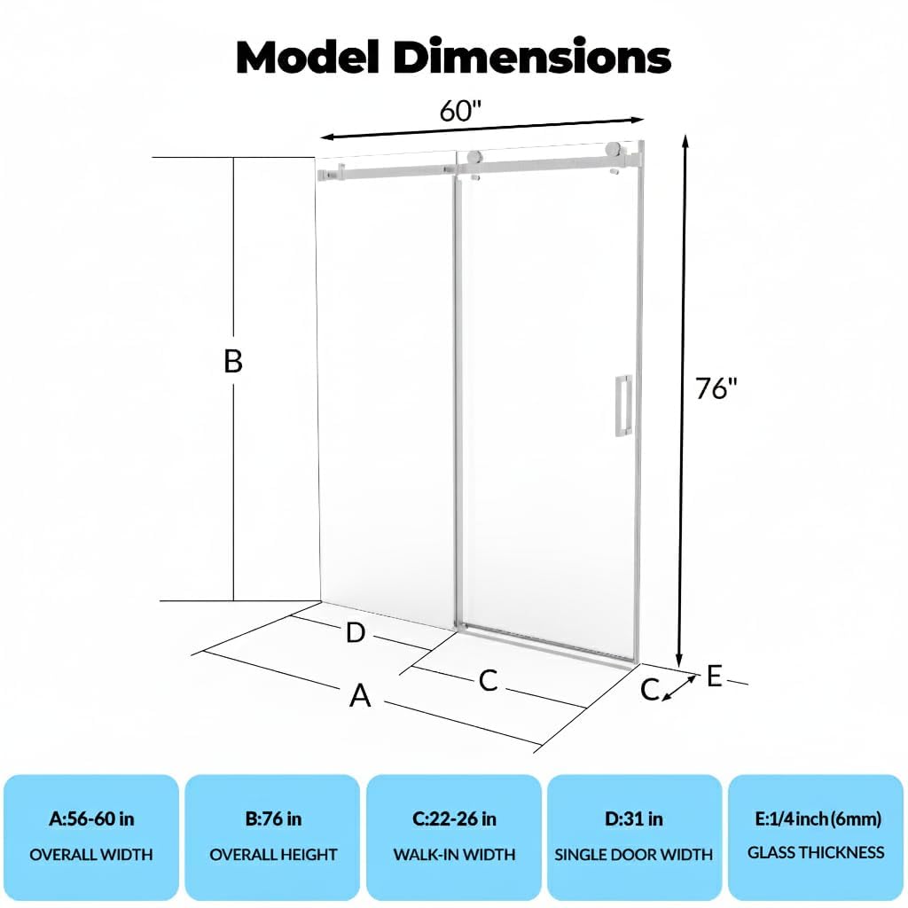 Frameless Sliding Shower Door,56-60" W x 76" H Shower Doors, Sliding Glass Door 1/4" Clear Tempered Glass with Explosion-Proof Film, Handle and Seal Strip for Bathroom，Silver