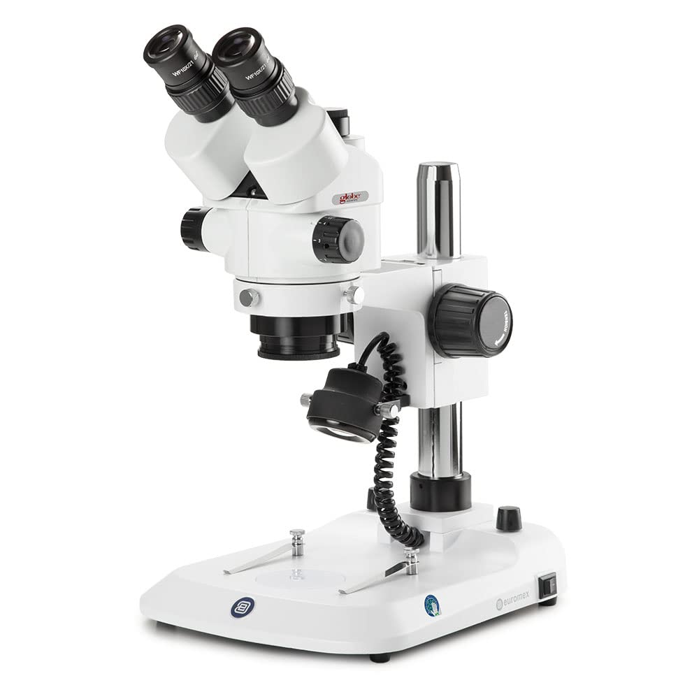 Trinocular Stereo Zoom Microscope Stereoblue, 0.7x To 4.5x Zoom Objective, Magnification 7x to 45x Ergonomically Pillar Stand with Incident And Transmitted LED Illumination, Globe Scientific | Euromex