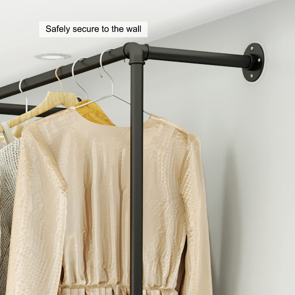 KaKaBB Industrial Pipe Wall-Mounted Clothing Rack with Double Hanging Rods & Shelves - Heavy Duty Storage for Wardrobe, Bedroom, Walk-In Closet (Black)