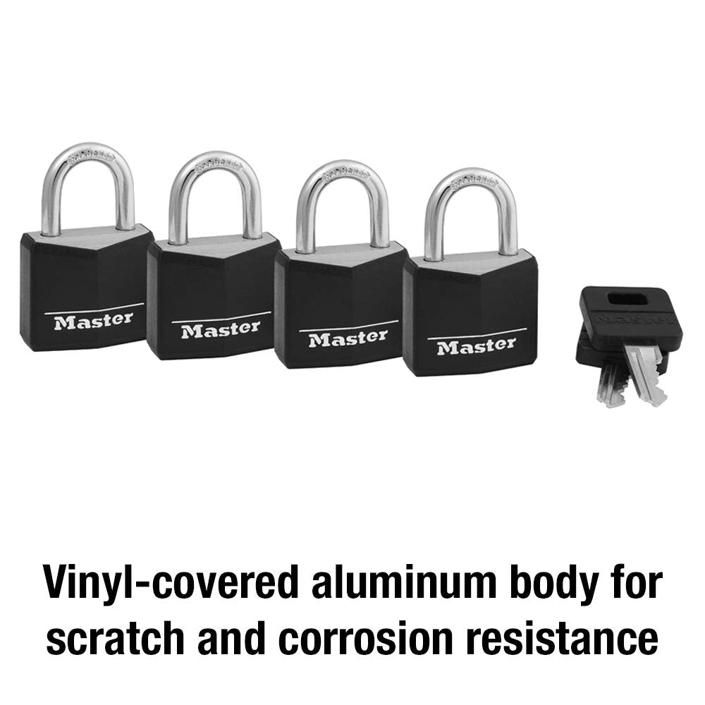 Master Lock Black Outdoor Key Lock, Standard Weather Resistant Padlock with Cover, Keyed Alike Padlocks for Lockers, Fences, Sheds, or Other Equipment, 4 Pack, 131Q