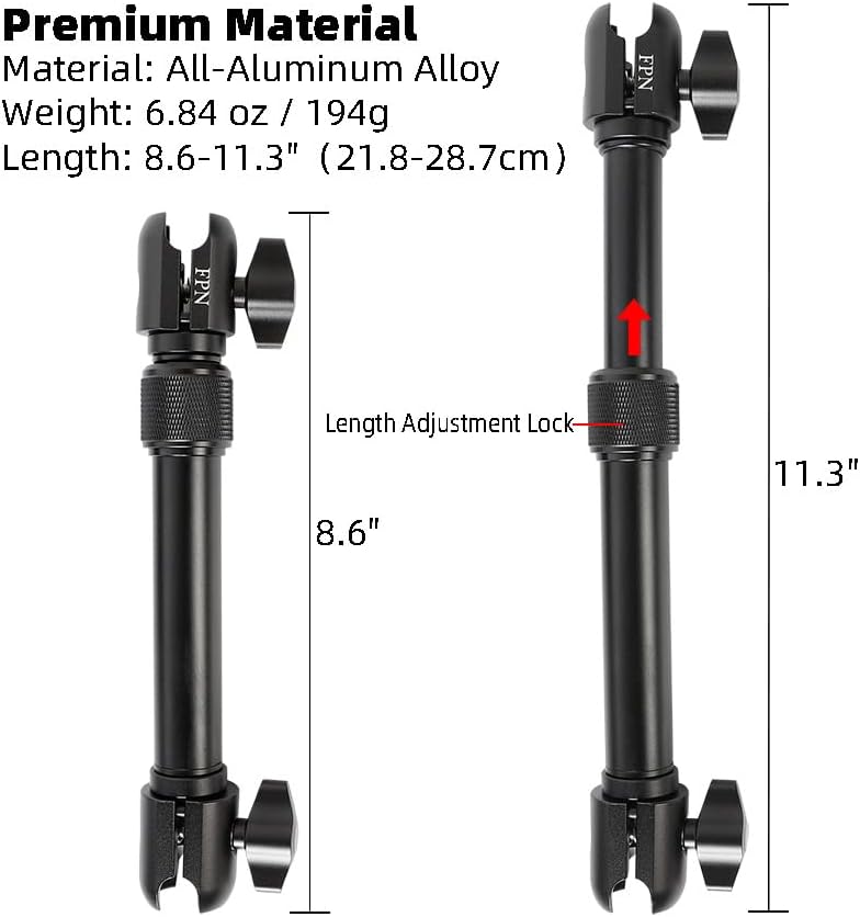 FPN 8.6 11.3 Inch, 1" 25mm All-Aluminum Extension Double Socket Arm, Adjustable Telescopic Mounting Arm to Compatible
