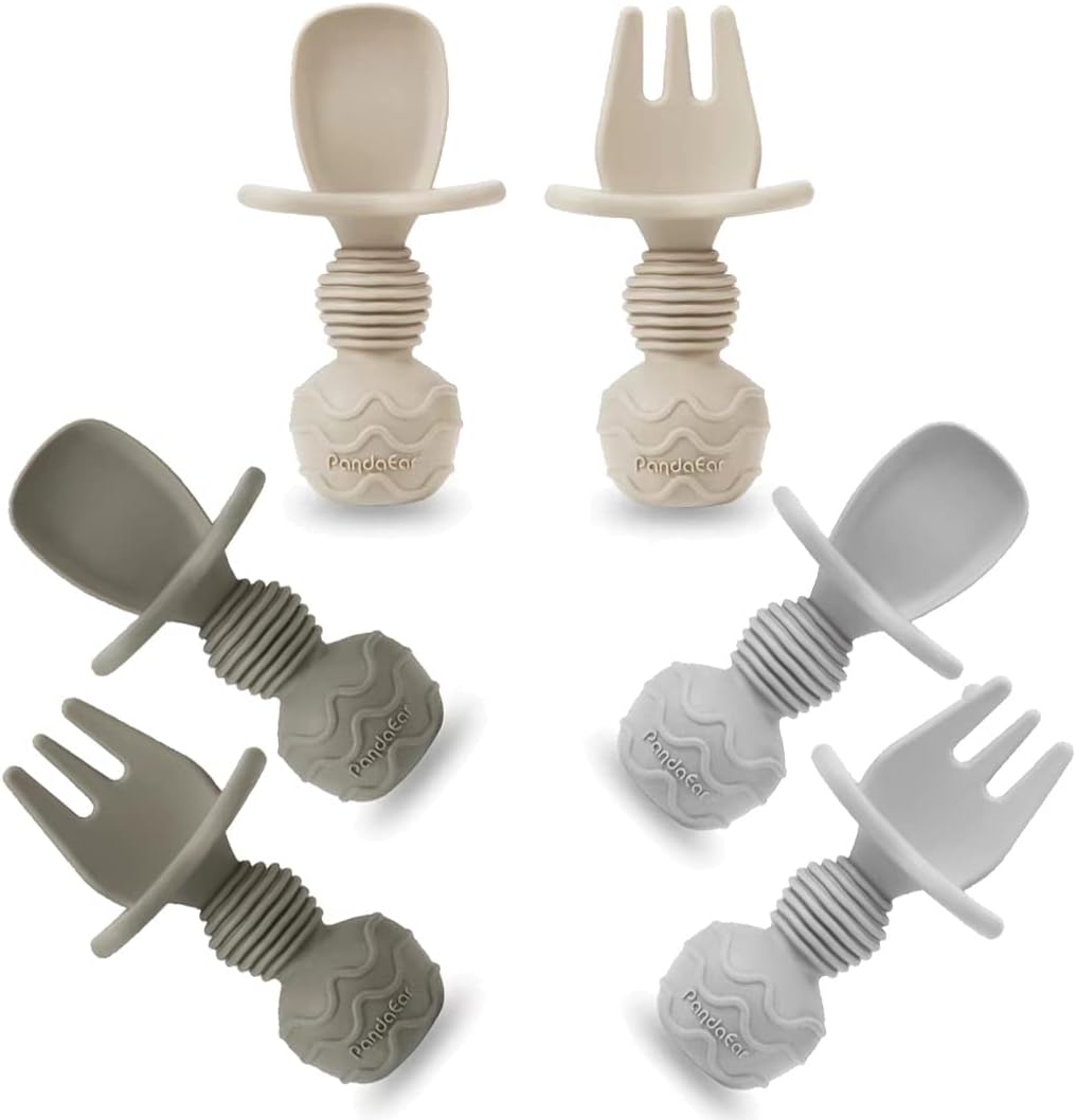 PandaEar Silicone Baby Feeding Utensils Set - 6 Pack Anti-Choke Spoons & Forks for 3 Months+ (Tan, Walnut & Grey)