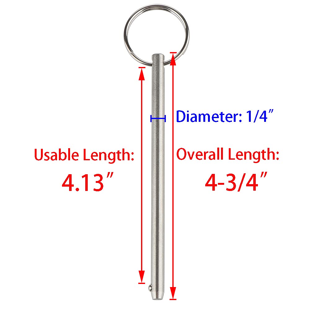 2 Pack Long Quick Release Pin, Diameter 1/4"(6.3mm), Overall Length 4-3/4"(120mm), Usable Length 4.13"(105mm), Full 316 Stainless Steel, Bimini Top Pin, Marine Hardware