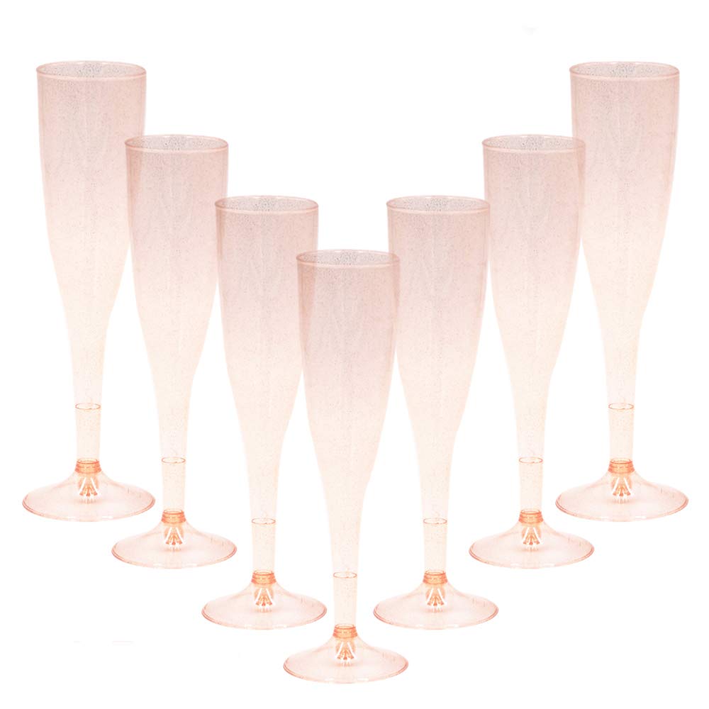 Homy Feel Rose Gold Glitter Plastic Champagne Flutes 30 Pack, 6.5 OZ Disposable Plastic Wine Glasses, Reusable Champagne Glasses, Mimosa Bar Glasses for Bridal Shower Birthday New Year Christmas