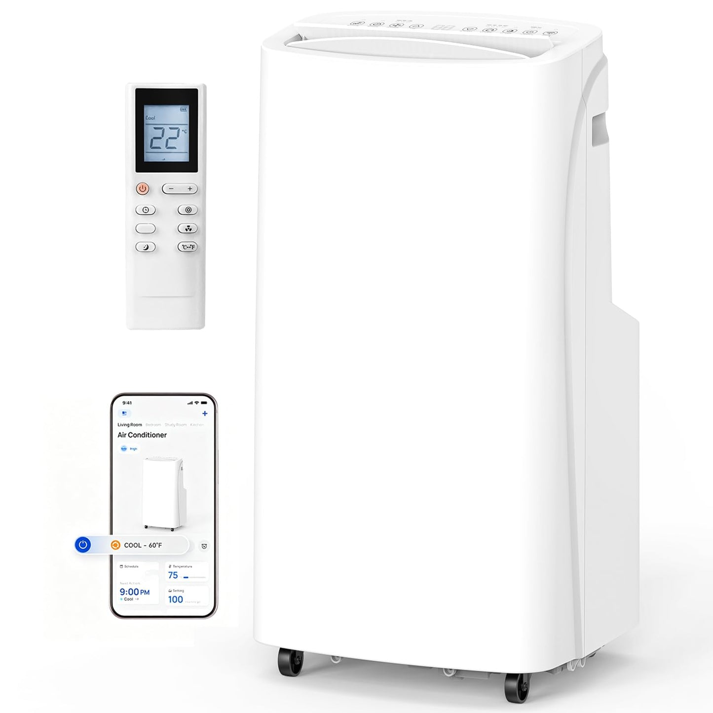 14,000 BTU Portable Air Conditioner & Heater Combo, 4-in-1 AC Unit Cools/Heats/Dehumidifies/Fan, Wi-Fi Smart for Room Up to 700 Sq.Ft, Remote Control, 360° Wheels for Bedroom Large Room