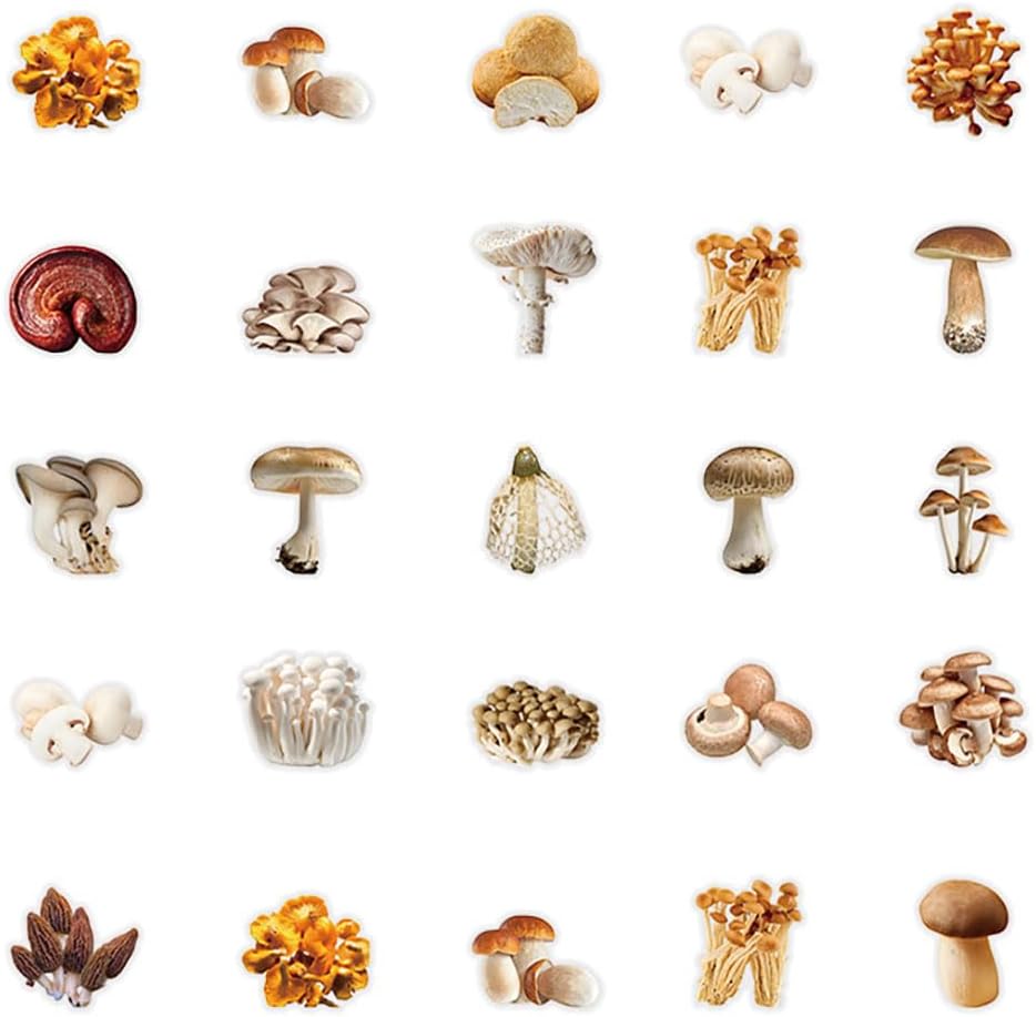 Mekycro 50 Pack Mushroom Vinyl Stickers PCS, Botanical Aesthetic Waterproof PET Die-Cut Fungi Sticker for Journal