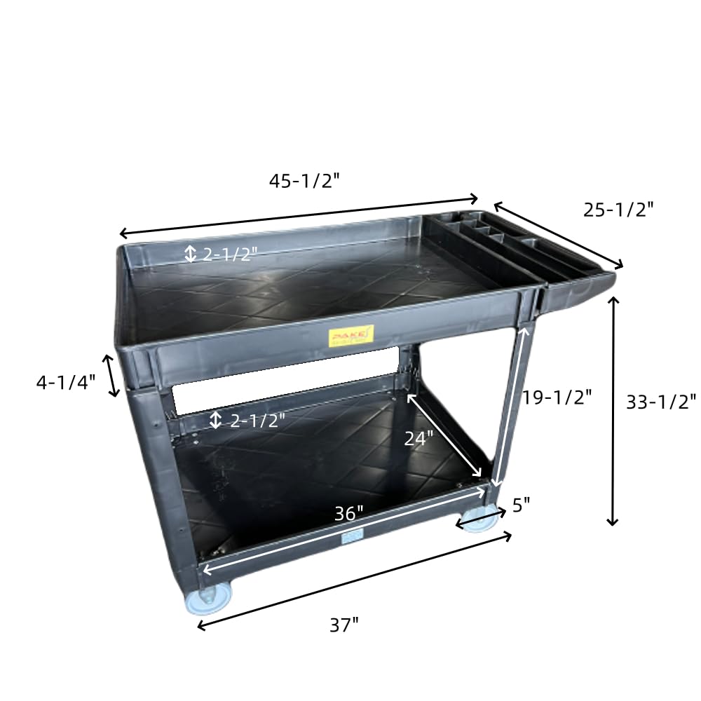 Plastic Utility Cart, 45-1/2" L x 25-1/2" W with Handle 2 Shelves, 550lb Cap. Heavy Duty 2 Swivel 2 Rigid Wheels, Large Lipped Shelf, Ergonomic Storage Handle for Warehouse/Garage/Cleaning